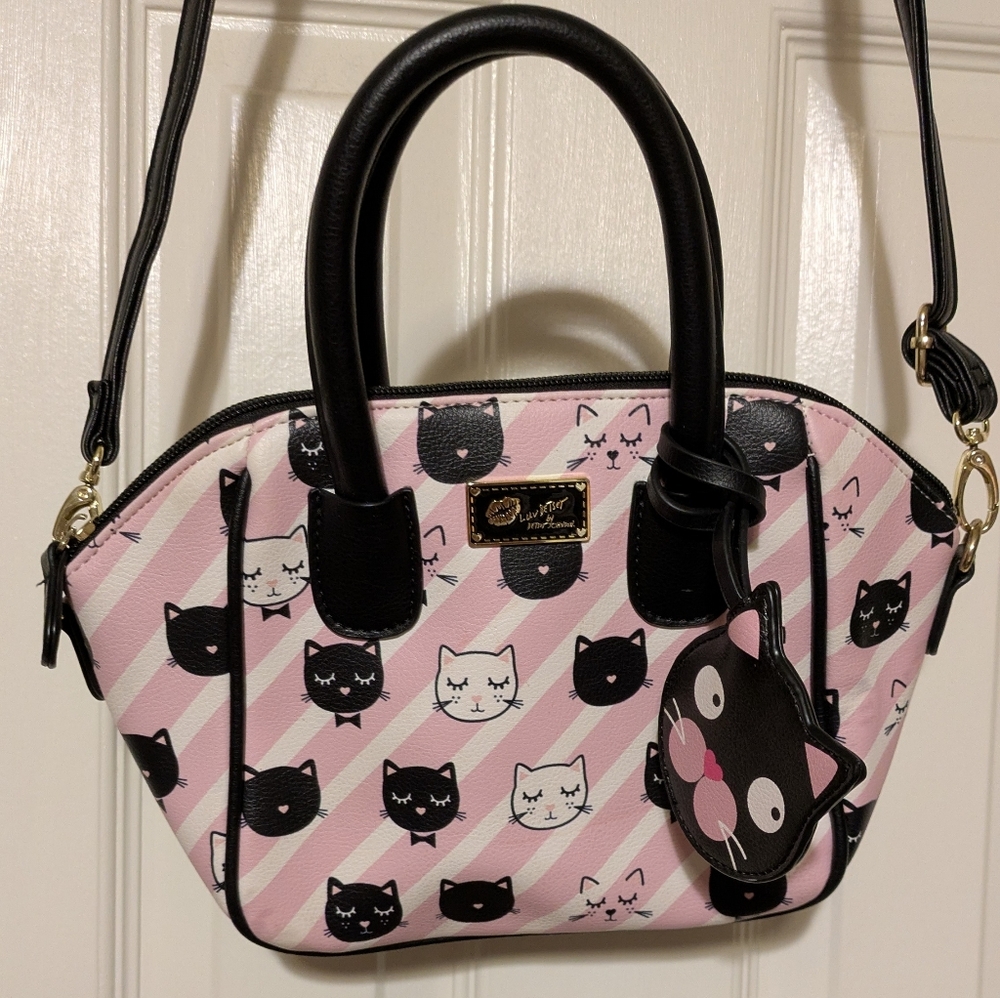 Betsey Johnson Pink and Black Cat Print Handbag